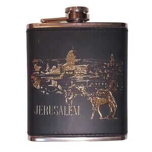 RARE Jerusalem Israel Stainless Steel, Gold Embossed Black Leather Hip Flask 7oz